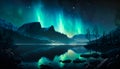 Iridescent Northern lights starry night aureore borealis at mountain lake