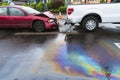 Iridescent oil spill caused by a traffic accident