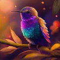 Bright illustration of a beautiful rainbow hummingbird among leaves.