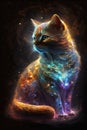 Neon iridescent psychedelic cat made of stars in night sky. AI