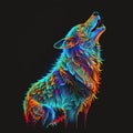Neon iridescent psychedelic howling wolf on black background. Generative AI