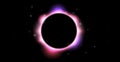 Iridescent round aura eclipse. Pink purple moon glow background. Sun or planet total eclipse in dark space. Star aurora