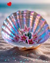 Iridescent seashell adorned with delicate pink lilies on a beach shore Royalty Free Stock Photo