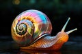 An iridescent snail in neon colors.