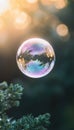 Iridescent Soap Bubble Floating in Sunlit Outdoor Setting