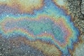 iridescent spot of gasoline on pavement