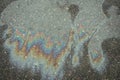 iridescent spot of gasoline on pavement