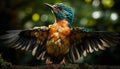 Iridescent starling perching on branch, spread wings, tropical rainforest generated by AI