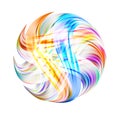 Iridescent streaks enveloped the sphere. Volumetric enveloping with a ribbon around the ball. Fluorescent planet. logo