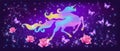 Iridescent unicorn with luxurious winding mane and butterflies against the background of the fantasy universe with sparkling stars