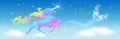 Iridescent unicorn with luxurious winding mane and butterfly against the background of the fantasy universe with sparkling stars