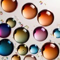 Iridiscent vibrant rainbow bubbles on white background