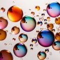 Iridiscent vibrant rainbow bubbles on white background