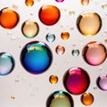 Iridiscent vibrant rainbow bubbles on white background