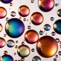 Iridiscent vibrant rainbow bubbles on white background