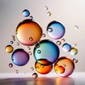 Iridiscent vibrant rainbow bubbles on white background