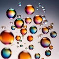 Iridiscent vibrant rainbow bubbles on white background