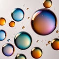 Iridiscent vibrant rainbow bubbles on white background