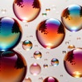 Iridiscent vibrant rainbow bubbles on white background