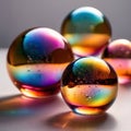 Iridiscent vibrant rainbow bubbles on white background