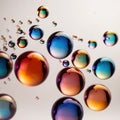 Iridiscent vibrant rainbow bubbles on white background