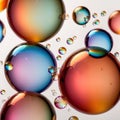 Iridiscent vibrant rainbow bubbles on white background