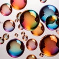 Iridiscent vibrant rainbow bubbles on white background