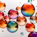 Iridiscent vibrant rainbow bubbles on white background