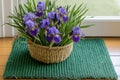 iris bouquet in a basket resting on a green door mat