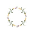 Iris, eucalyptus and snowberry flower wreath. Green decorative ivy. Spring floral round frames. Creeper plant flat vector