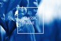 Iris flower toned in trendy pantone Classic Blue color of the Year 2020. Royalty Free Stock Photo