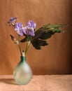 Iris flowers bouquet inside transparent turquoise vase