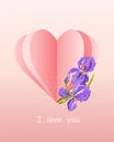 Iris flowers and a paper heart on a pink background.Declaration of love,congratulations on Valentine\'s Day.