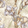 iris flowers, seamless boho floral design, monochrome beige, orange colors, AI generative background