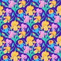 Iris flowers seamless pattern with leaves on blue background. Summer vector bright floral botanical illustration for branding, Royalty Free Stock Photo