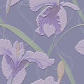 Iris flowers textured emboss 3d seamless pattern. Floral embossed tropical background. Colorful modern backdrop. Line art flowers