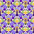 Iris seamless pattern on beige background. Summer vector floral print, fresh botanical background with purple flowers, leaves on Royalty Free Stock Photo