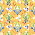 Iris seamless pattern with flower bud and leaves on yellow background. Green, blue, yellow. Summer floral decorative print for Royalty Free Stock Photo