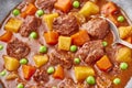 Irish Beef Stew close up. Stew with beef or lamb meat with potatoes, carrots, peas and herbs