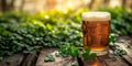 Irish beer on wooden table in green shamrocks background for St. Patrick's day festive