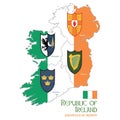 Irish Celtic design in vintage, retro style. Ireland map with provinces Connacht, Leinster, Munster and Ulster