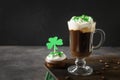 Irish coffee in green cup for St Patrick s Day. Royalty Free Stock Photo