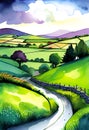 Irish countryside landscape with rolling hills and fields, watercolor card, ai generation