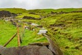 Irish countryside with ruins of a house and stone fences Royalty Free Stock Photo