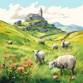 Irish countryside with sheep watercolor Royalty Free Stock Photo