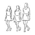 Irish Dance Troupe Jumping Together in Traditional Dresses and Ghillies. Irish dancing vector sketch illustration