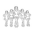 Irish Dance Troupe Jumping Together in Traditional Dresses and Ghillies. Irish dancing vector sketch illustration