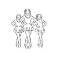 Irish Dance Troupe Jumping Together in Traditional Dresses and Ghillies. Irish dancing vector sketch illustration