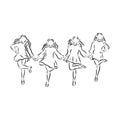 Irish Dance Troupe Jumping Together in Traditional Dresses and Ghillies. Irish dancing vector sketch illustration