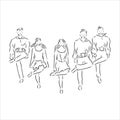 Irish Dance Troupe Jumping Together in Traditional Dresses and Ghillies. Irish dancing vector sketch illustration